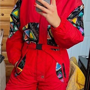 Vintage Vibrant Red Geometric Ski Suit Impidimpi